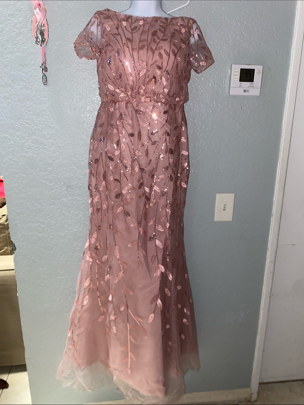 Sequin Embroidered Leaf Gown in Dusty Rose